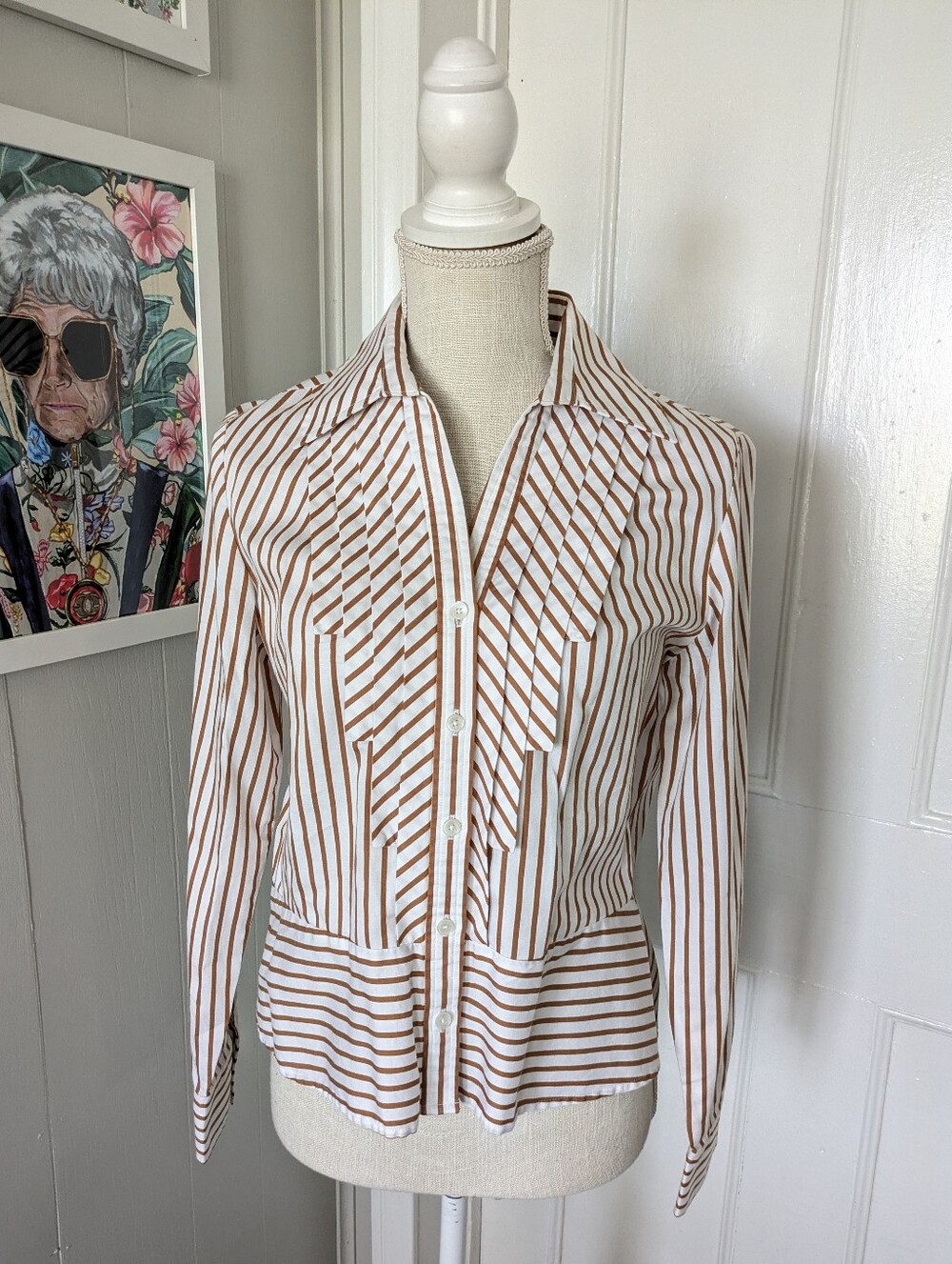 Jones NY Brown Stripe Button Up Shirt Size M Ruffle Business Casual
